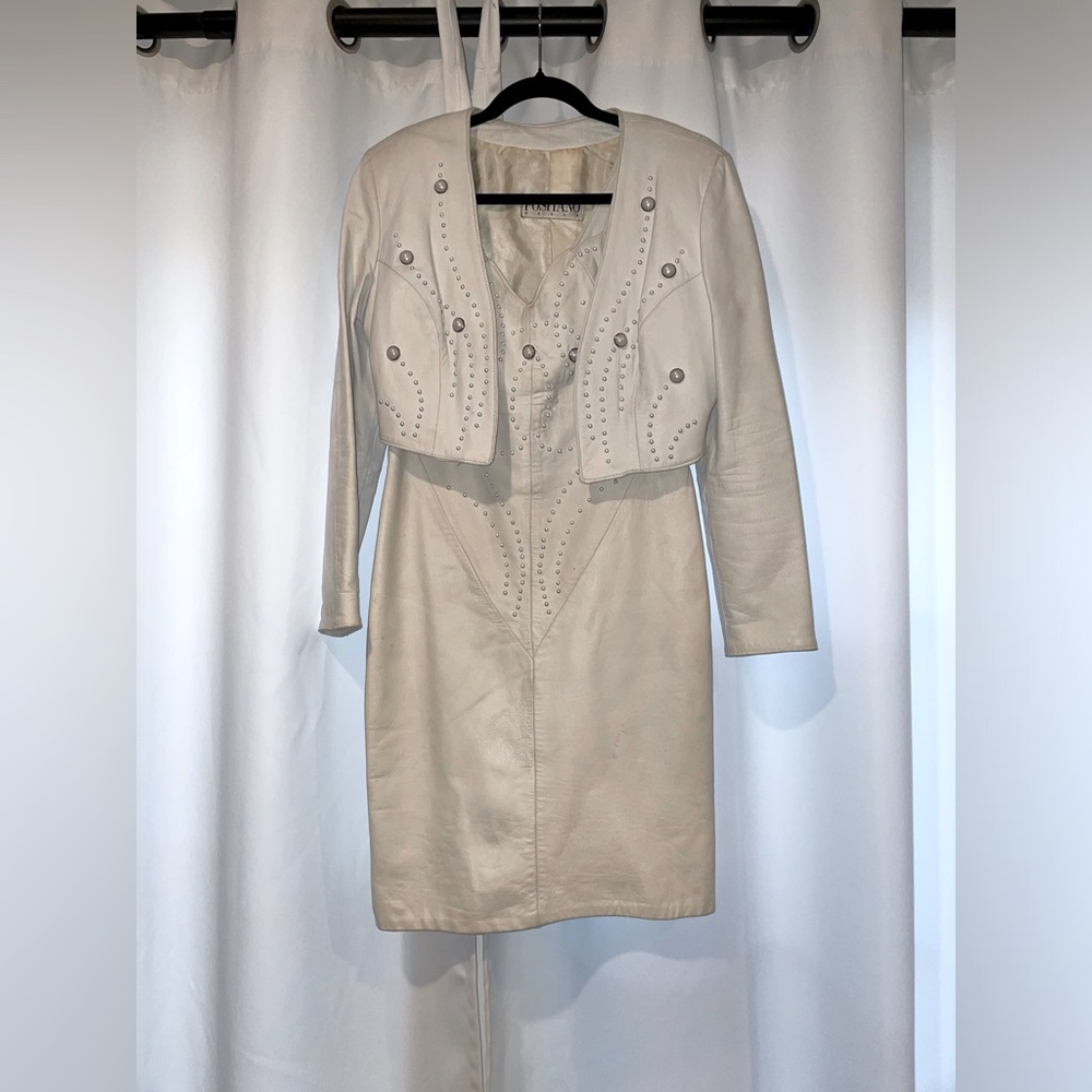 Vintage White leather dress with jacket and embellishments
